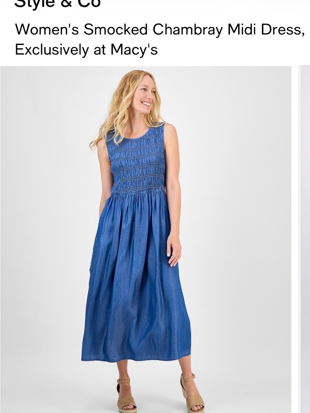 Style & Co. Blue Smocked Sleeveless Chambray Midi Dress